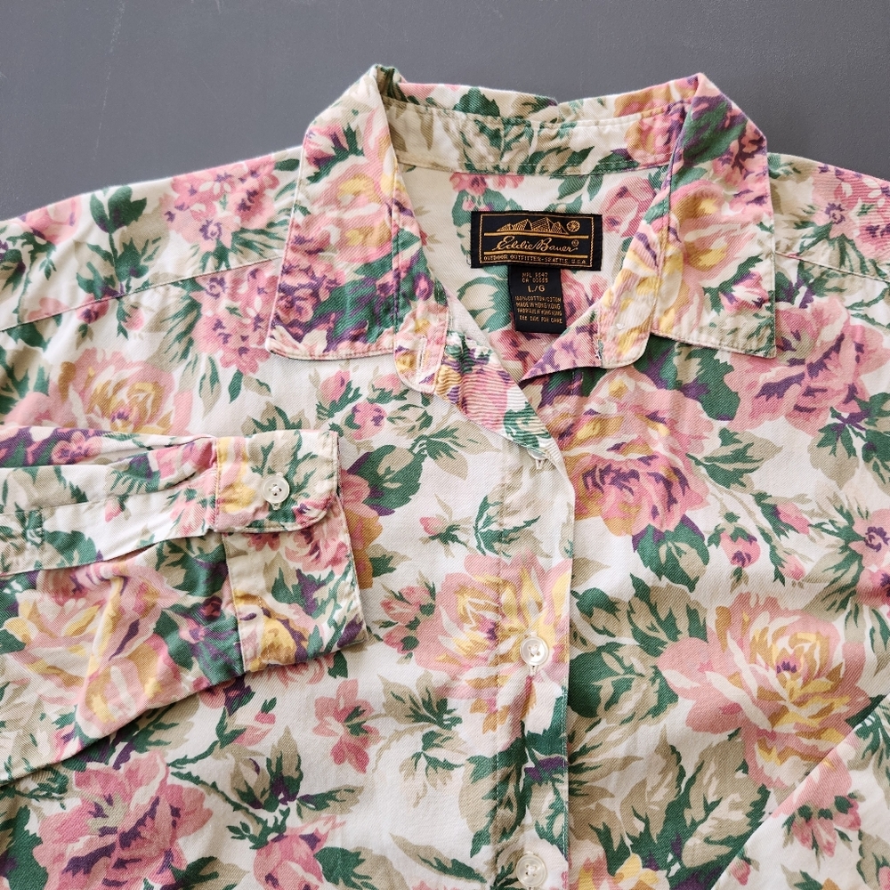 Eddie Bauer VTG Women 90s Cream Floral 100% Cotton Button Up Cottage Classic Lrg